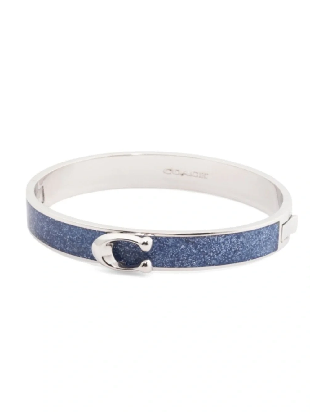 Coach Silver-Tone Blue Glitter Enamel Hinge Bangle Bracelet